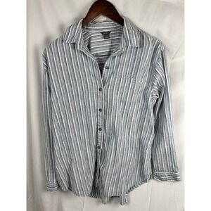 Eddie Bauer Womens PM Blue White Striped Hemp Cotton Roll Tab Button Up Shirt